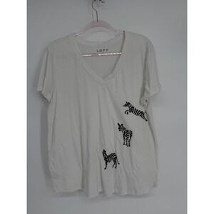 LOFT White V Neck T Shirt Zebra Graphic Print Short Sleeve Women's Top Sz XL